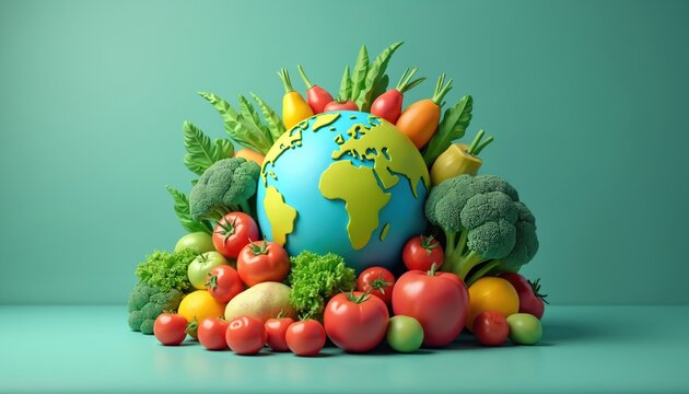 World Food Day cartoon celebrates healthy eating and food saving, featuring planet Earth surrounded by fresh fruits and vegetables. Promotes global nutrition awareness, vibrant vegetarian bounty.