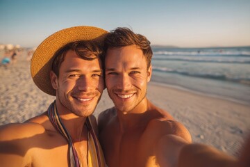 Fototapeta premium Man at Beach with Best Friend. Gay Pride Vacation in Mexico