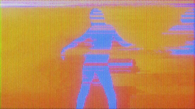 4K Glitchy silhouette of woman dancing in orange and blue, retro VHS visual background for club and concert, party visualizations and music videos