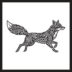 Tribal Fox Line Drawing Black and White Stylized Animal Illustration with Ornamental Patterns and Dynamic Pose
