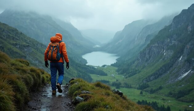 Man hikes mountain trail in rainy weather, orange jacket, backpack. Scenic valley, lake, green forest below. Trekking, exploring nature, challenging journey, misty atmosphere.