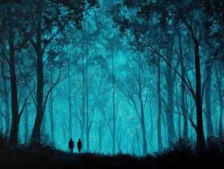 Silhouetted Figures Journey Through a Dark Forest with Glowing Teal Lights