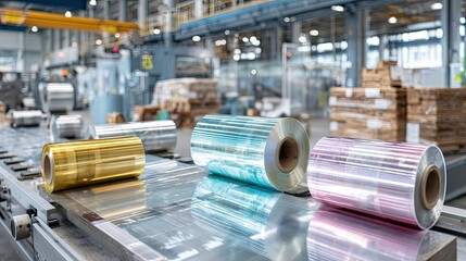 Close-Up of Colorful Metallized Packaging Film Rolls on Conveyor Belt in Factory