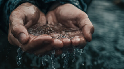 Fototapeta premium Close up of cupped hands holding and spilling fresh clear water droplets