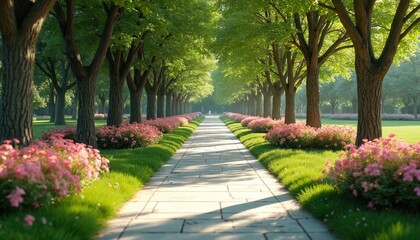 Obraz premium Sunlit tree lined pathway through garden. Features stone walkway flanked by rich green grass and pink flowering bushes. Tall trees cast shadows on path, creating serene and tranquil atmosphere.