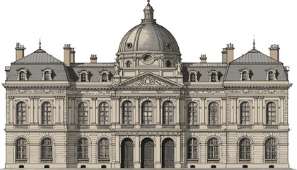 Elegant French classical mansion with stone facade, wrought iron balconies, arched windows, ornate carvings, luxury architecture, historic European estate.