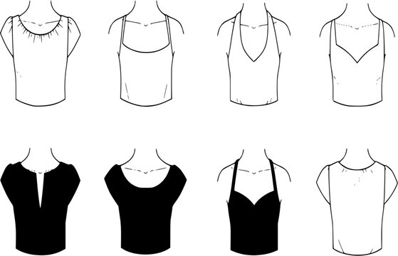 Neckline Type of Women Dress. Strapless Decolletage, Halter, Sweetheart, Queen Anne, V-Neck, Off Shoulder. Neck Line Fashion Blouse, Shirt Silhouette Pictogram Set. Isolated Vector Illustration