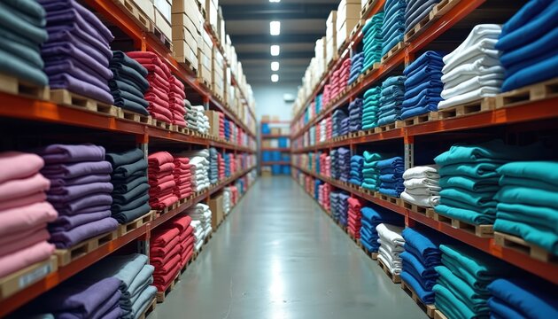 Neatly folded stacks of colorful t-shirts fill warehouse shelves, organized for efficient shipment, storage. Image represents apparel inventory, retail logistics, e-business operations, vast - Powered by Adobe