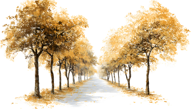 Calm forest path covered with golden leaves