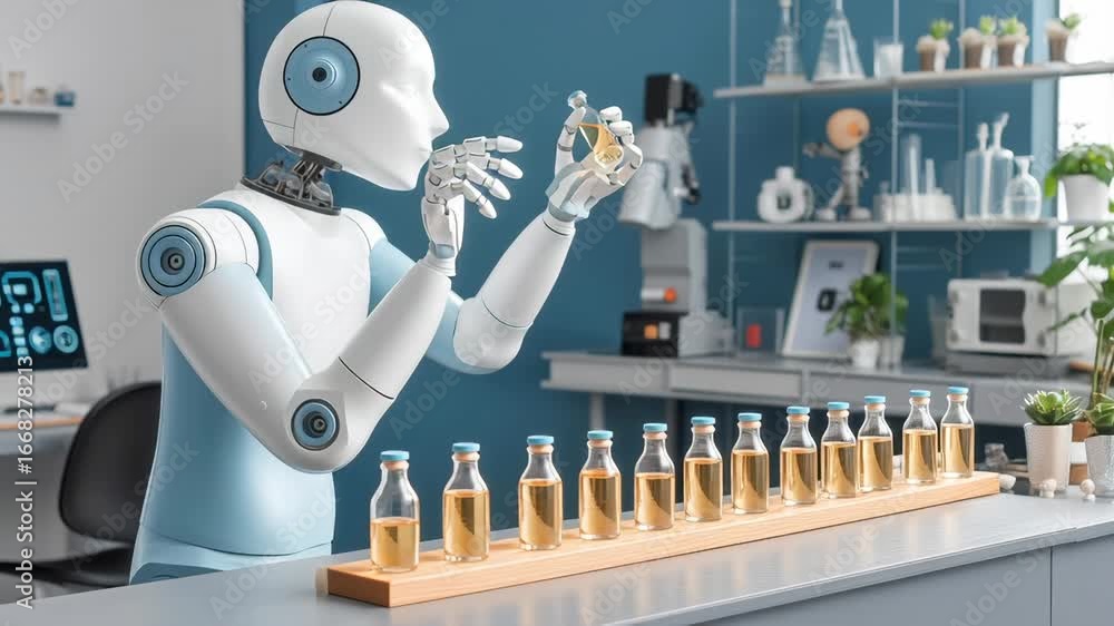 Aufkleber advanced robotic system methodically examines golden liquid samples on wooden platform within high-t