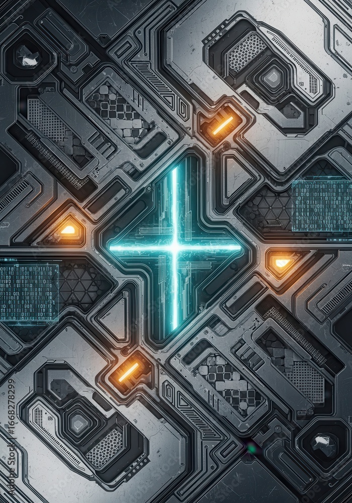 Poster futuristic technology interface with glowing elements and metallic texture