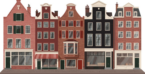 Vector illustration of traditional Amsterdam Dutch canal houses, European city architecture, brick buildings, vintage facades, street shops, travel concept.