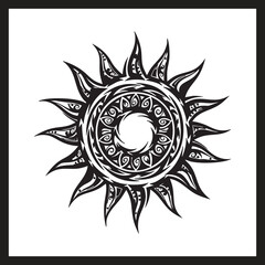Tribal Sun Line Drawing Black and White Symmetrical Flame Motif with Concentric Patterns and Bold Design
