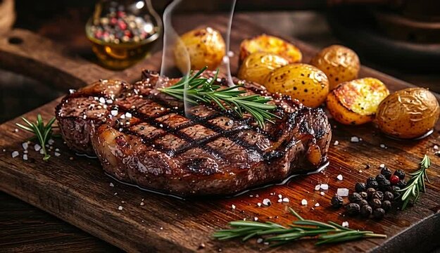 Perfectly grilled ribeye steak with beautiful grill marks on wooden cutting board, caramelized golden brown crust, fresh rosemary sprigs on top
