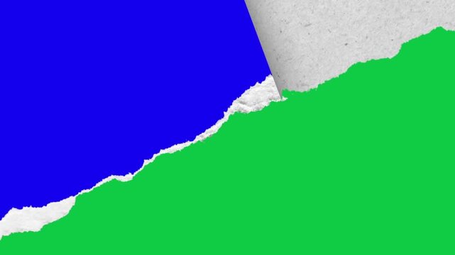 Torn paper diagonally, tear paper, rip paper transition animation effect green screen and blue screen background