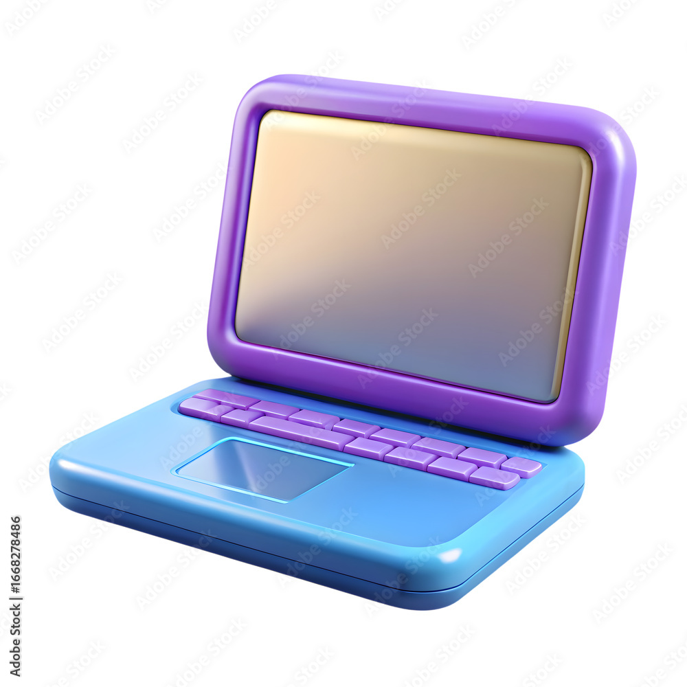 Poster colorful plastic toy laptop with open screen displaying a blank screen on a transparent background
