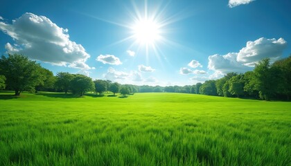 Obraz premium Vibrant green meadow under bright sun. Lush grass stretches to horizon, bordered by trees under clear blue sky with fluffy clouds. Peaceful summer landscape, evoking nature, growth, and open space.
