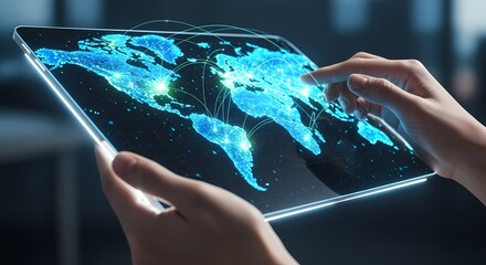Hands interacting with a futuristic transparent tablet displaying a glowing digital world map with interconnected network points, symbolizing global communication and data exchange.