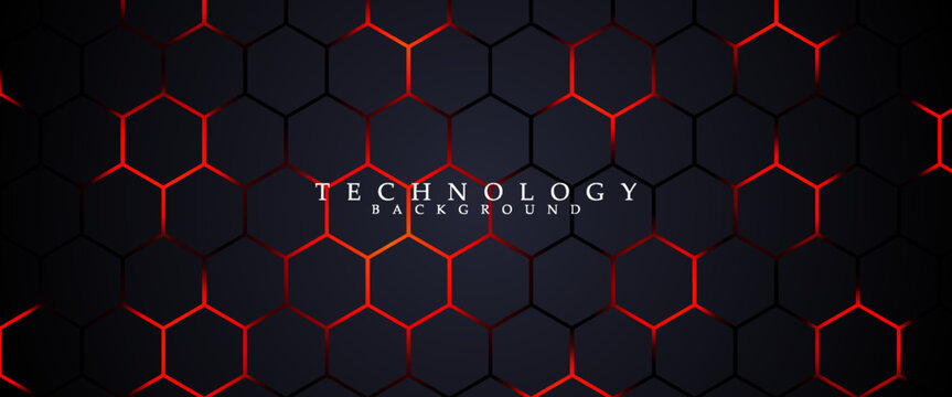 Futuristic hexagon technology background with glowing red edges on dark gradient. Modern digital vector design for tech, gaming, innovation, and cyber themes.