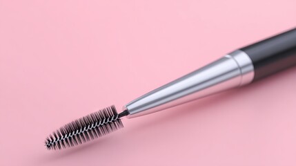 Close-up of a sleek mascara wand with bristles, resting on a soft pink background, showcasing beauty product design and elegance in cosmetic application