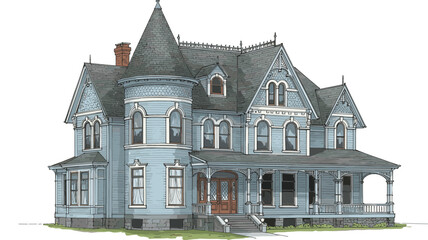 Vector illustration of Victorian style house with front porch, teal wood siding, classic architecture, historic home design, suburban charm.