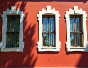 Three tall windows with white decorative frames, ornate wrought iron grilles set into vibrant red facade. Sunlight casts dappled shadows on textured wall. Reflected in glass are green trees, blue sky.
