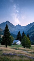 Glowing Tent Nestled in Remote Mountain Valley Under Starry Night Sky