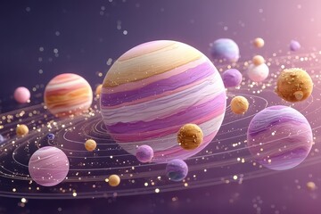 Colorful planets floating in a vibrant space scene with bright orbit lines