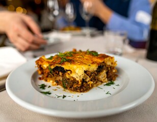 Delicious slice of moussaka topped with herbs on a white plate at a restaurant table