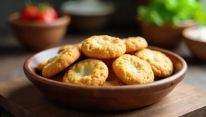 Warm cookies in a wooden serving dish, kitchen setting,  baking,  pastry,  wooden dish