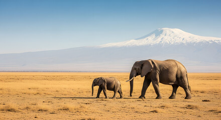 Fototapeta premium Elephants traverse sun-drenched savanna plains beneath the snow-capped peak, illustrating resilience in the face of nature's grandeur with a tranquil journey across the vast landscape, showcasing