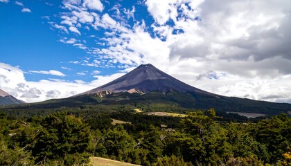 A majestic volcano rises above a lush green landscape, displaying a dramatic contrast against a vibrant blue sky filled with fluffy clouds.