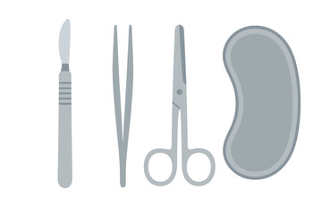 Surgical instruments set: scalpel, forceps, scissors, kidney dish in minimalist style