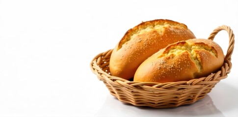 Warm, freshly baked wheat bread in a woven basket on white backdrop , organic, bread