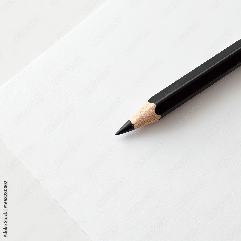 Poster black pencil resting on a blank sheet of textured paper, showcasing a minimalist workspace ideal for