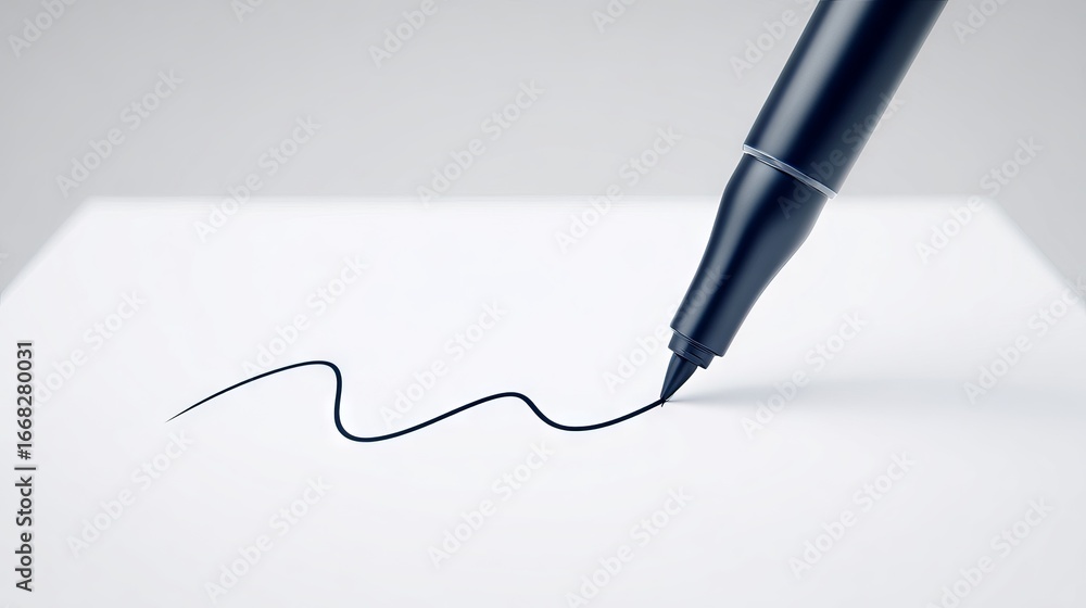 Poster black pen creating a smooth, flowing line on a blank sheet of paper, showcasing the art of writing a