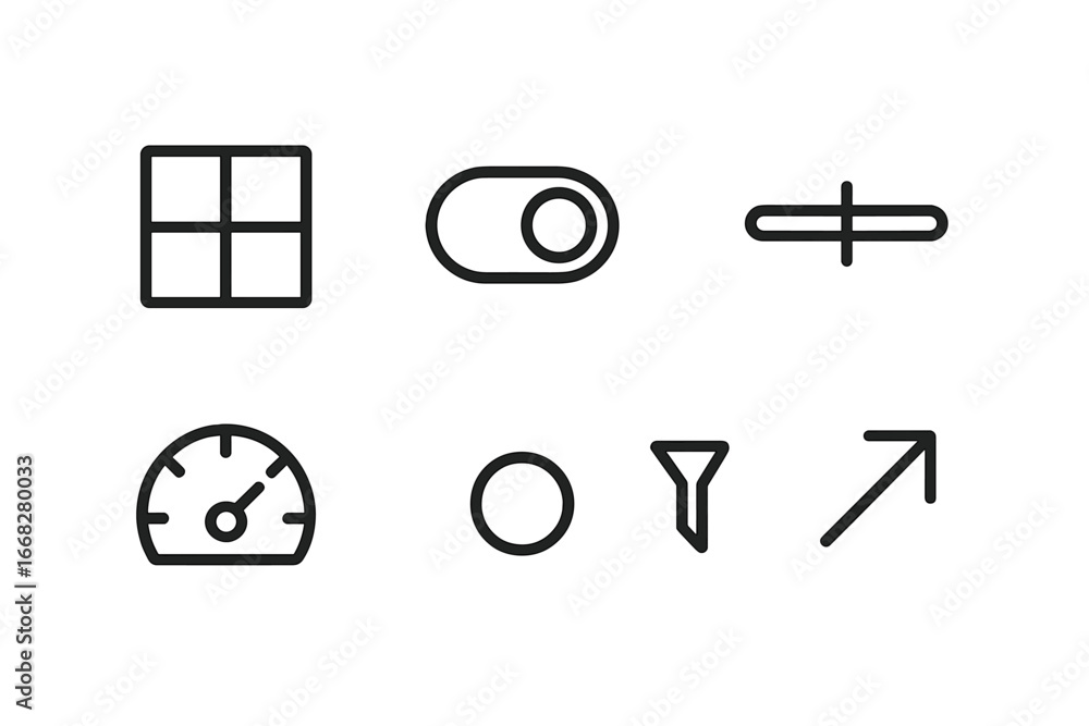 Poster minimalist line icons for user interface elements including grid, toggle, slider, gauge, circle, fun