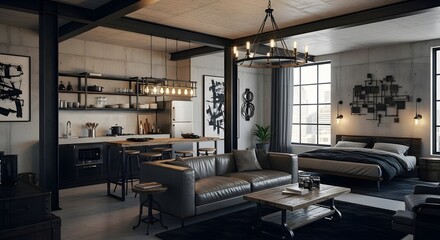 Modern Industrial Loft Apartment Interior Design with Open Plan Living and Bedroom Areas