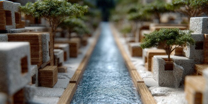 The miniature cityscape showcases a water channel and intricate architectural details.
