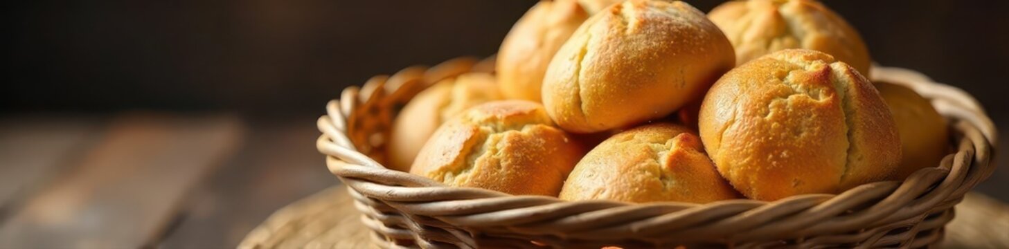 Warm hallulla bread in a woven basket, selective focus ,  snack,  food photography,  culinary photography