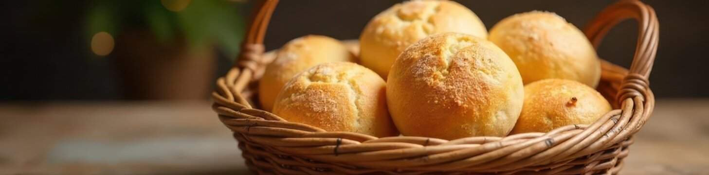Warm hallulla bread in a woven basket, selective focus ,  texture,  breakfast,  brown