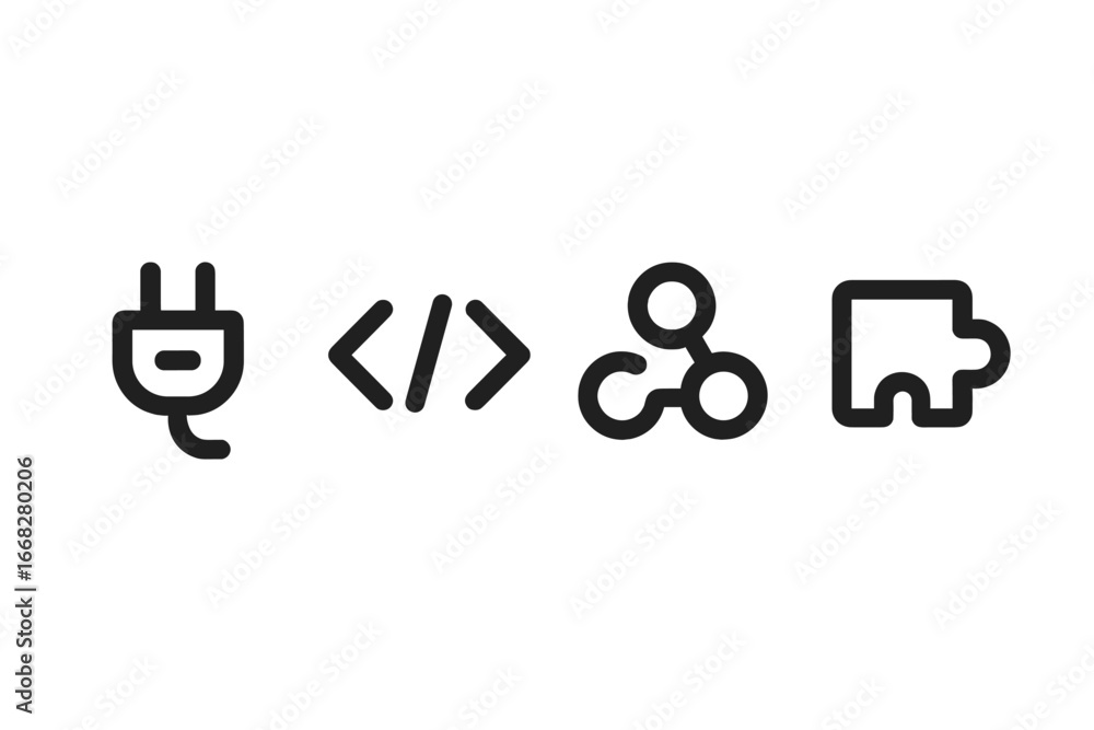 Poster abstract icons for connection, coding, synergy, and integration on white background