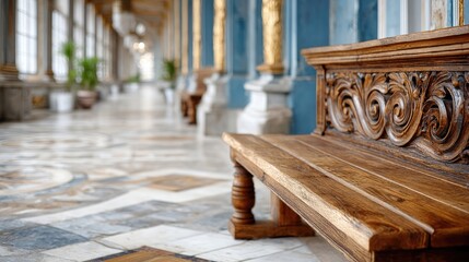 Naklejka premium Close-Up of Ornate Carved Wooden Pew in Historic Chapel Hallway