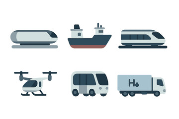 Modern transportation vehicles: high-speed train, cargo ship, drone, bus, and hydrogen truck