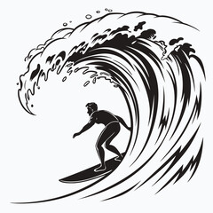 Surfer riding giant wave silhouette