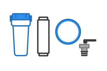Water filter components: housing, cartridge, O-ring, and faucet tap for purification systems