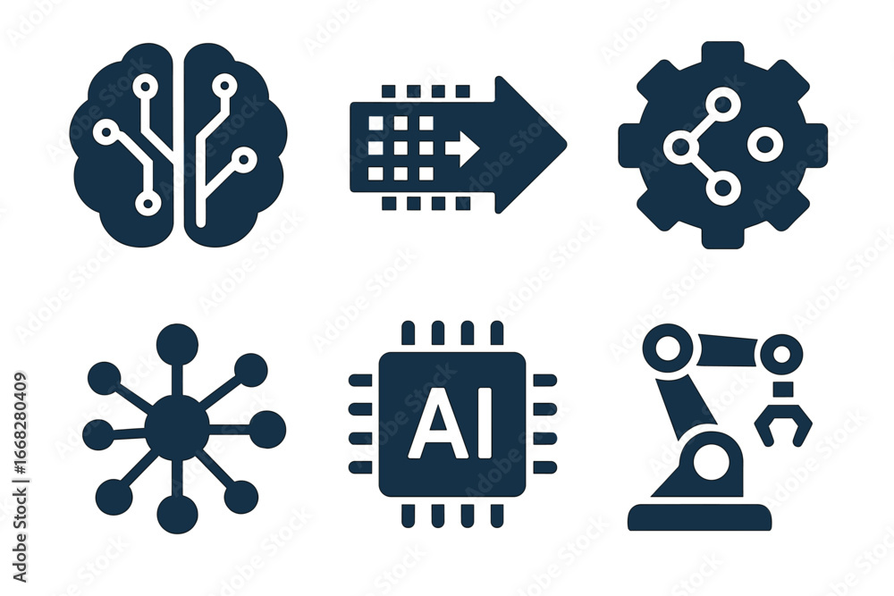 Poster dark blue icons for artificial intelligence, machine learning, and robotics on white background