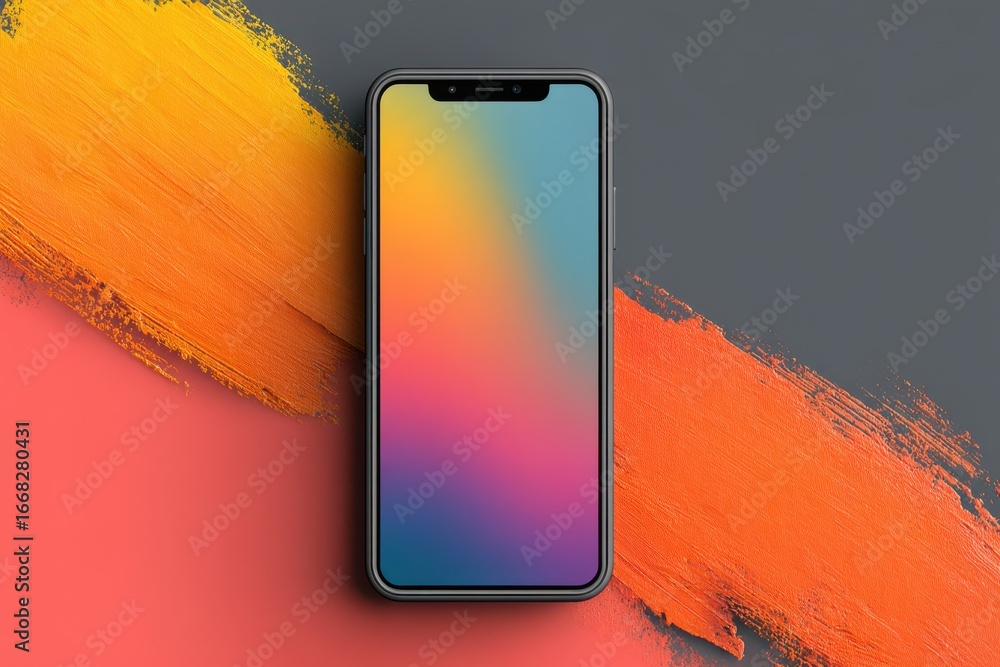 Poster modern smartphone display with colorful gradient on artistic painted background