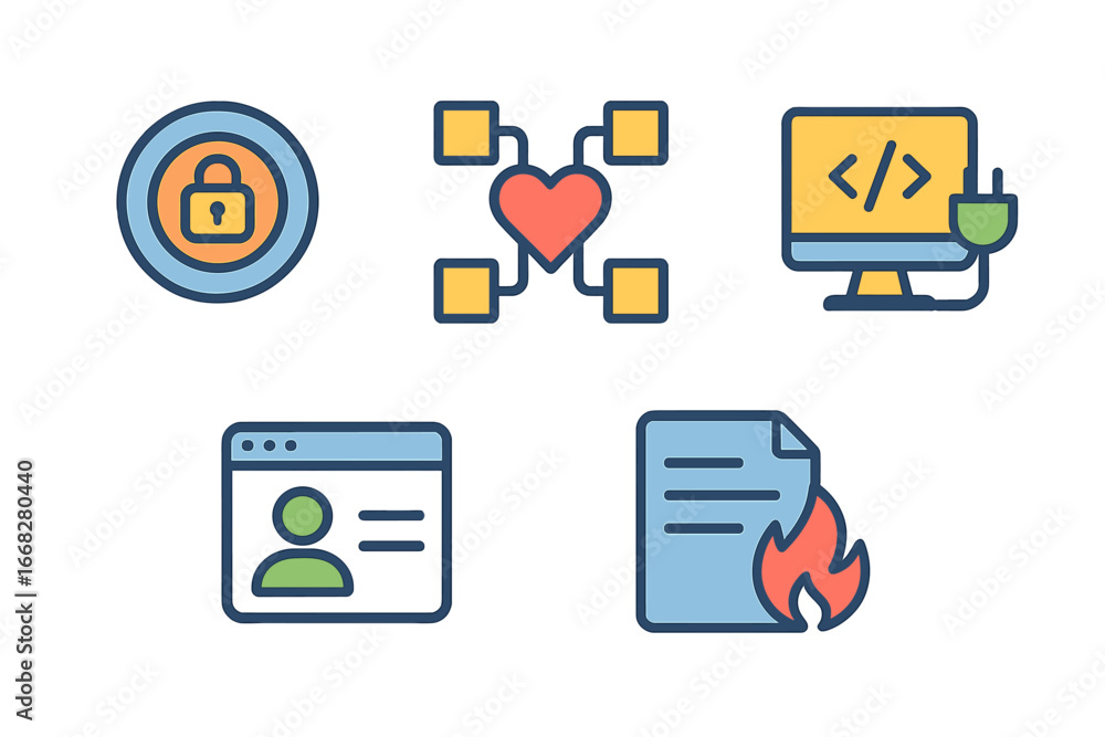 Poster modern flat icons for security, connection, coding, profile, and data loss concepts