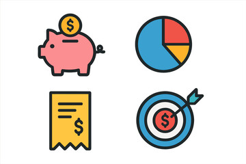 Financial success symbols: piggy bank, pie chart, receipt, target with dollar sign for savings, analysis, goals